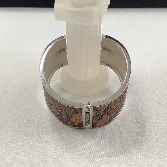 Brown Faux Reptile Silvertone Hinge Cuff Bracelet - Picture 9 of 14